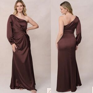 Revelry Aurora Satin Dress Elegant One-Shoulder Brown Dress